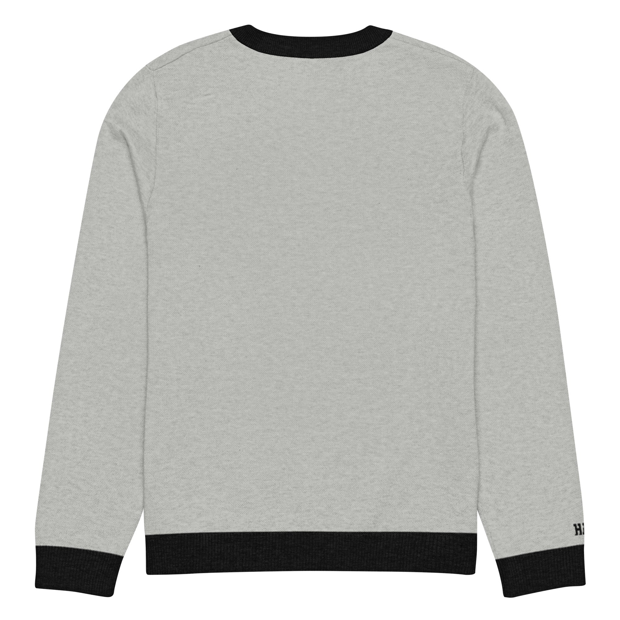 HAGS COMO Classic Knit Crewneck Sweater in gray with black trim and gold collegiate lettering
