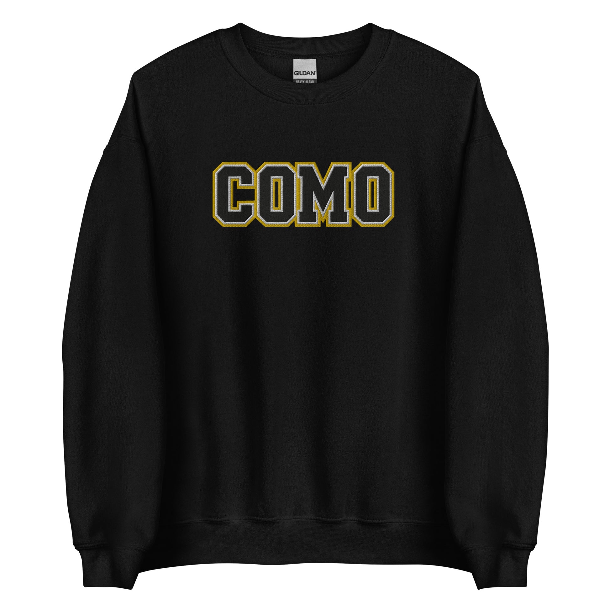 COMO Embroidered Sweatshirt in black with gold varsity COMO logo