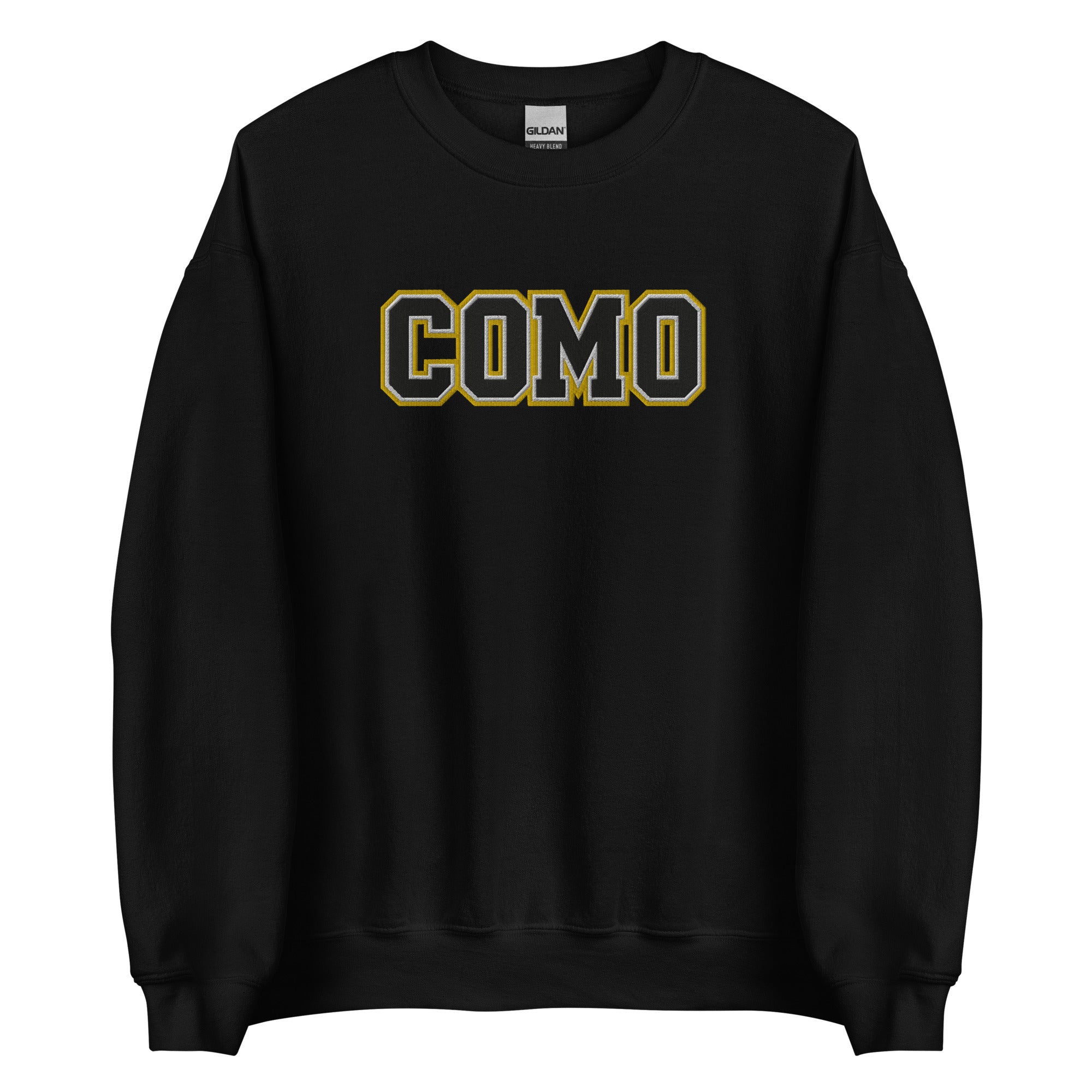 COMO Embroidered Sweatshirt in black with gold varsity COMO logo