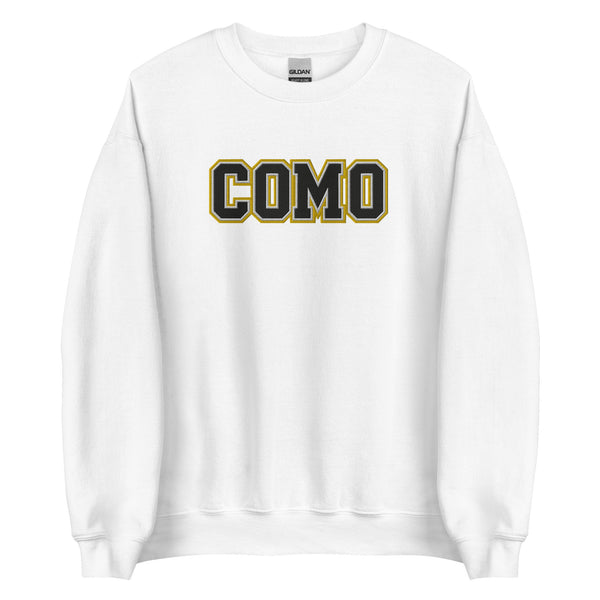 COMO Embroidered Sweatshirt front view with bold black and gold varsity lettering