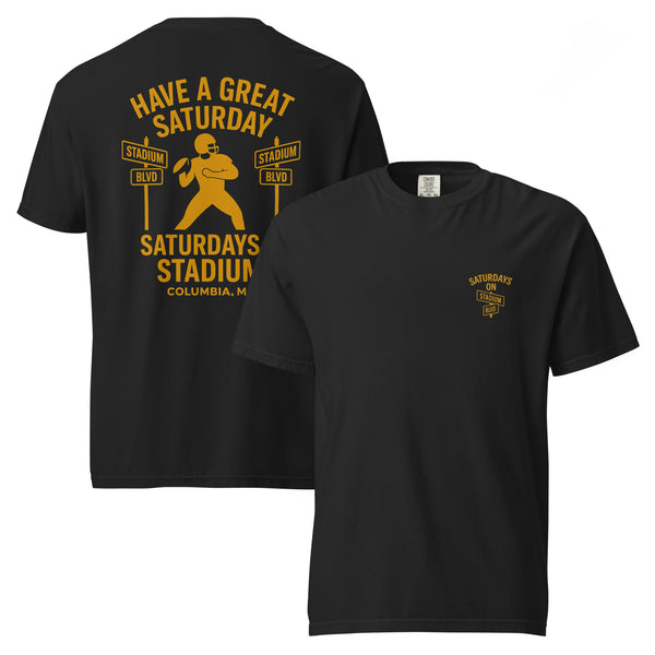 Saturdays on Stadium t-shirt with gold street sign graphic
