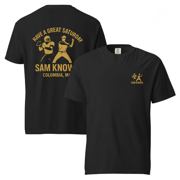 Sam Knows Columbia MO t-shirt with vintage sports graphics