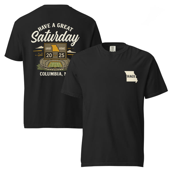 HAGS Missouri Outline Tee in black – vintage Comfort Colors white and gold design, Columbia MO gameday shirt