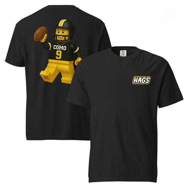 HAGS Block-Style Football Figure Tee full view with HAGS logo on chest
