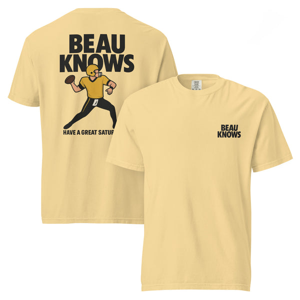Beau Knows Quarterback Tee in gold Comfort Colors 1717 with vintage football design