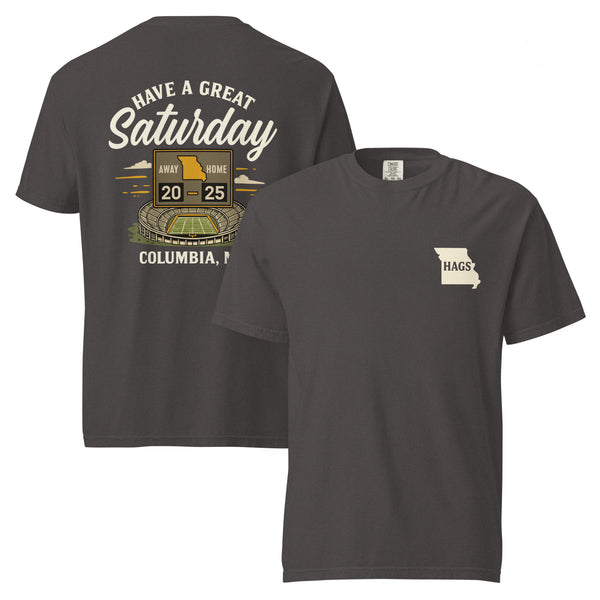 Charcoal gray HAGS Missouri Outline Tee with white and gold Have a Great Saturday graphic, unisex Comfort Colors shirt