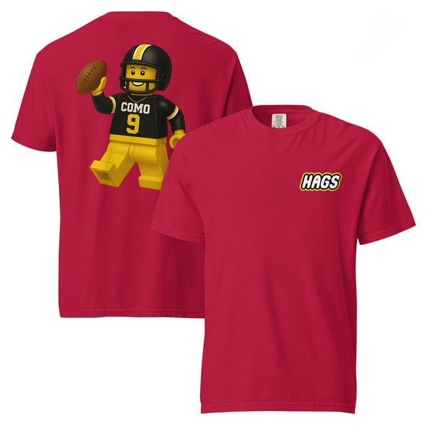 HAGS Block-Style Football Figure Tee in red with vintage black and gold print