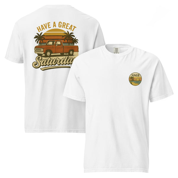 Retro truck graphic tee with sunset and palm trees