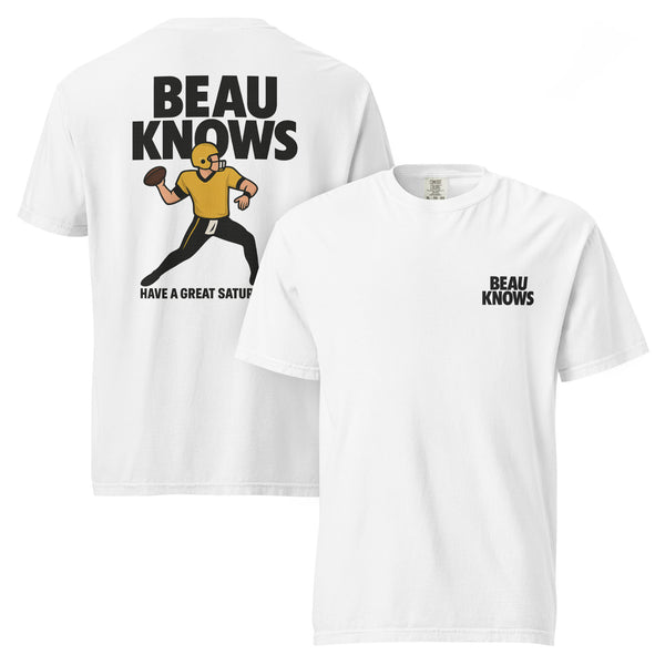 Beau Knows Quarterback Tee full view with small HAGS chest logo
