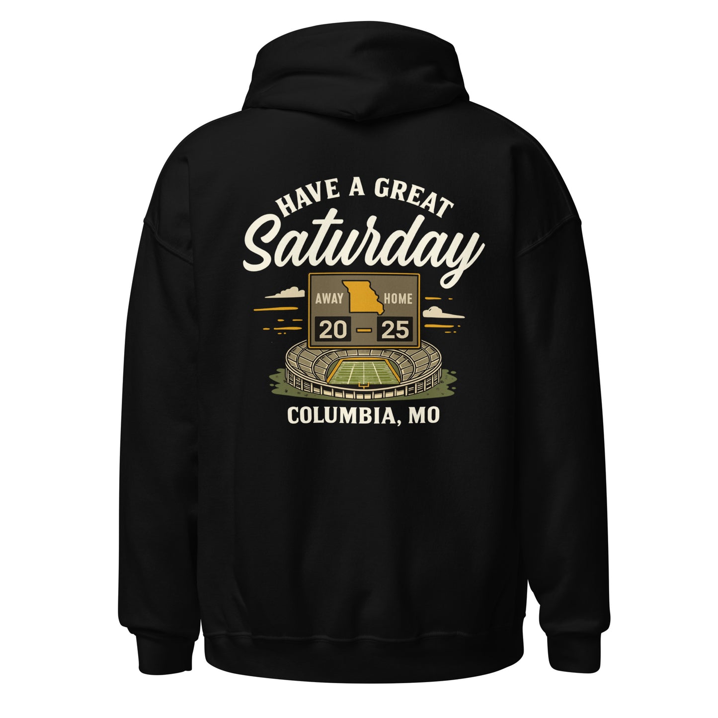 Back view of black HAGS Missouri Outline Hoodie showing large “Have A Great Saturday Columbia MO” print in white and gold
