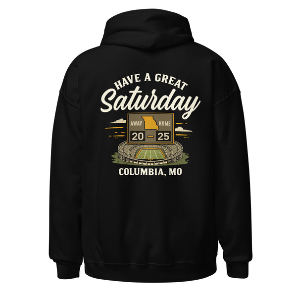 Back view of black HAGS Missouri Outline Hoodie showing large “Have A Great Saturday Columbia MO” print in white and gold