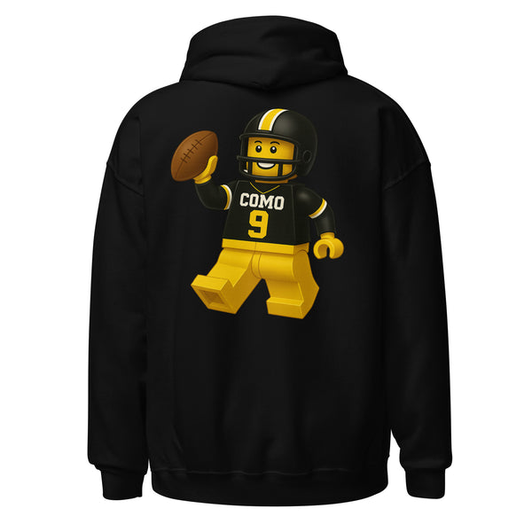 COMO Football Figure Hoodie back view featuring yellow block-style football figure design