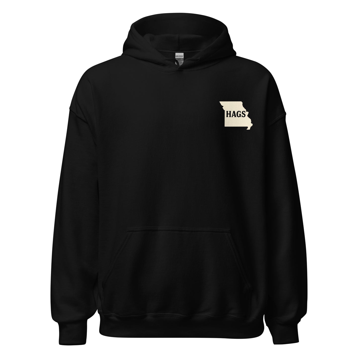 HAGS Missouri Outline Hoodie in black with white and gold “Have A Great Saturday” design — unisex heavyweight college hoodie