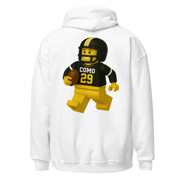 COMO Football Figure Hoodie by HAGS back view featuring yellow block-style football figure design