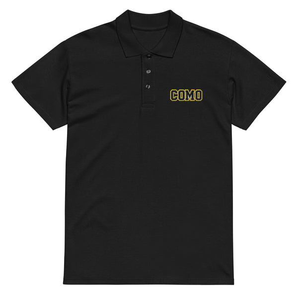 COMO Embroidered 3 Button Polo Shirt front view with gold and black COMO logo on chest