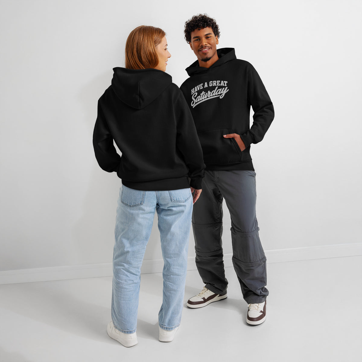 Front and back views of the black Have A Great Saturday urban hoodie.