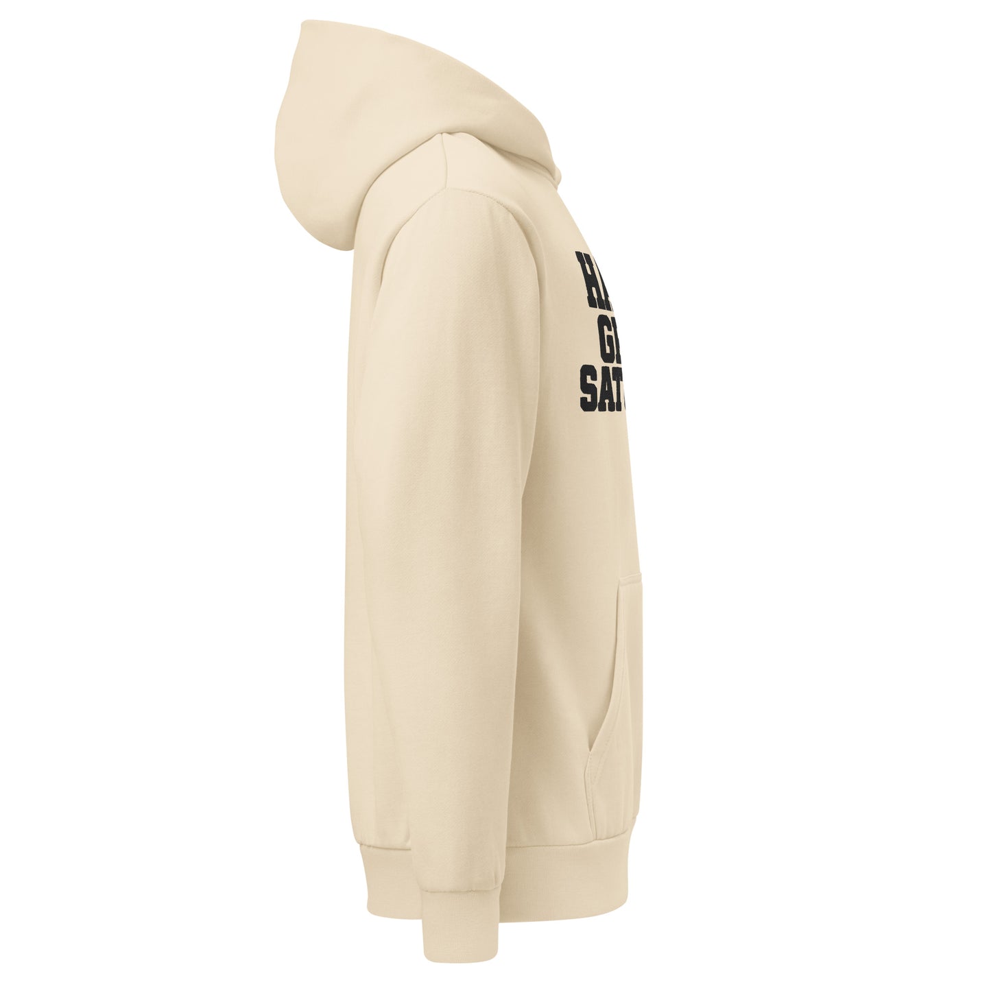 Right-side view of the sandshell HAGS heavyweight oversized urban hoodie.