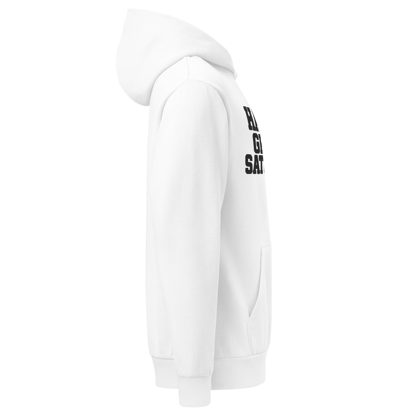 Right-side view of the white HAGS heavyweight oversized urban hoodie.