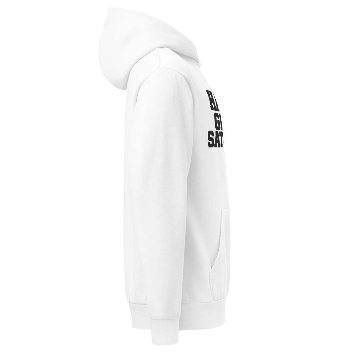 Right-side view of the white HAGS heavyweight oversized urban hoodie.